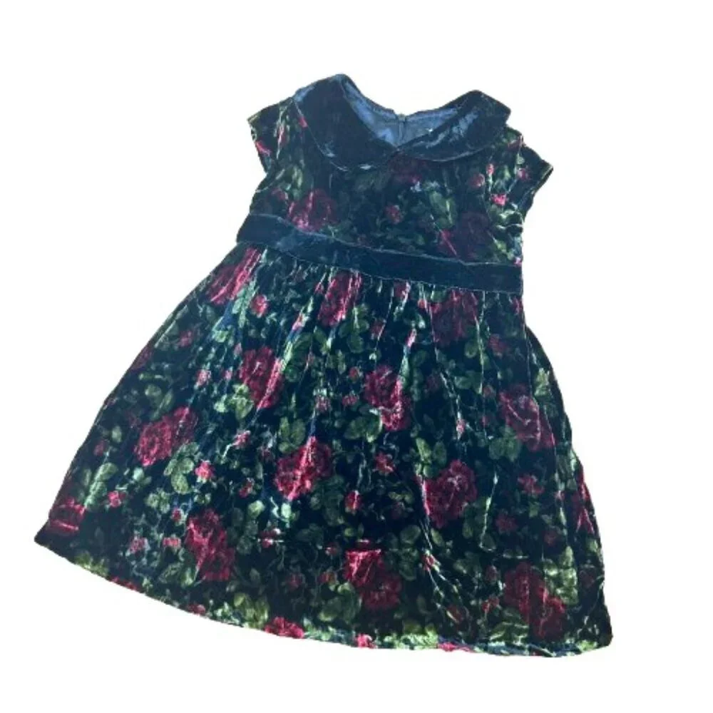 GYMBOREE Red Black Green Velvet Floral Lined Dress Size 18-24 months
